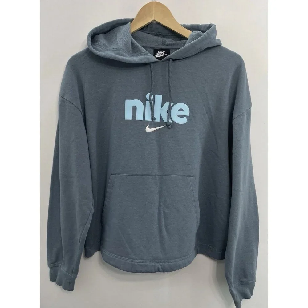 Nike Varsity Fleece Hoodie Sweatshirt Logo Graphic Swoosh Oversized Gray Women L